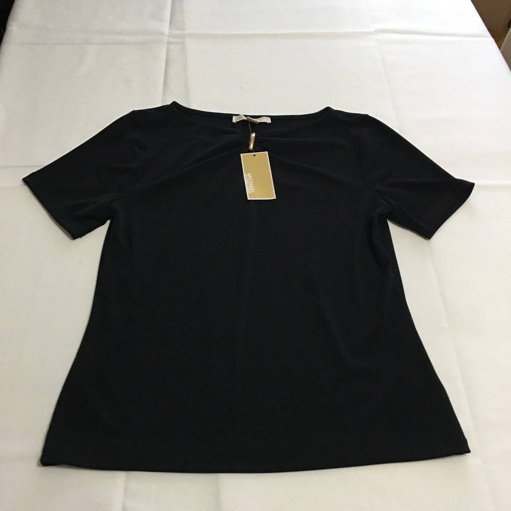 Michael Kors Short Sleeve Top Women Small Black Keyhole Gold Hardware NWT $98.00